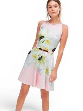 TED BAKER LONDON White Floral Graphic Petala Cap Sleeve A Line Skater Dress - 4